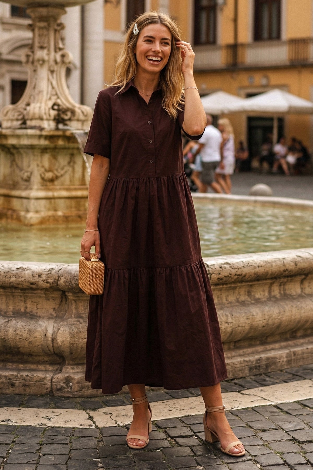 Buy Wine Button Tiered Midi Dress for women by Sneha B online available at scrollnshops