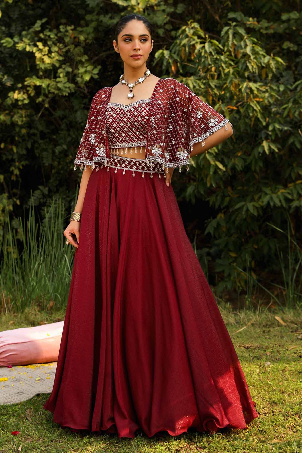 Ajiesh Oberoi Wine Cape Sleeves Lehenga Set for women online at ScrollnShops