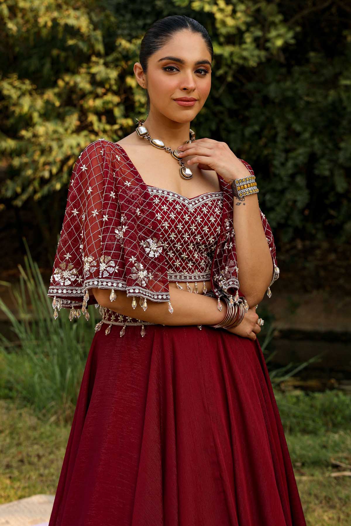 Wine Cape Sleeves Lehenga Set