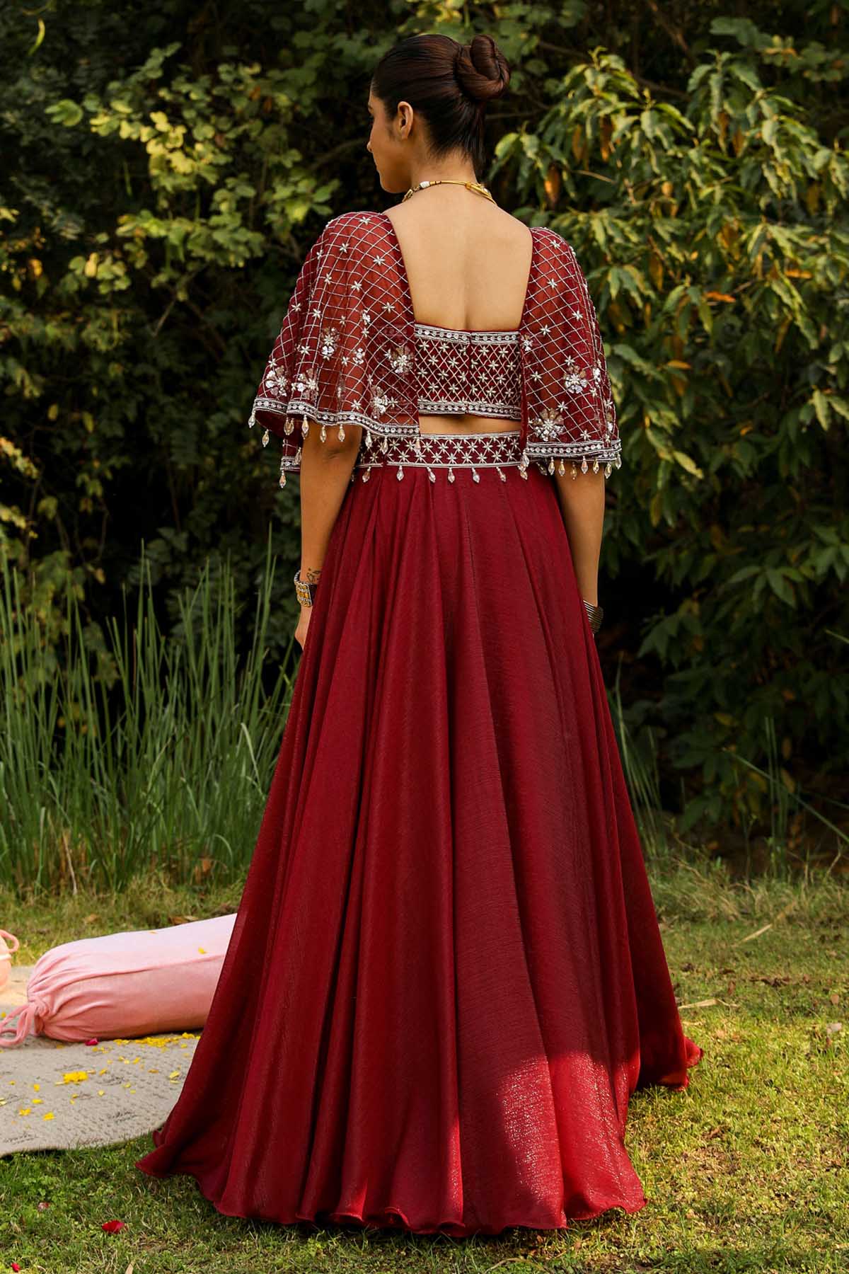 Wine Cape Sleeves Lehenga Set