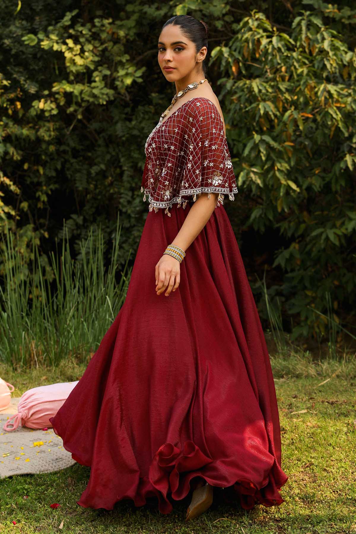 Wine Cape Sleeves Lehenga Set