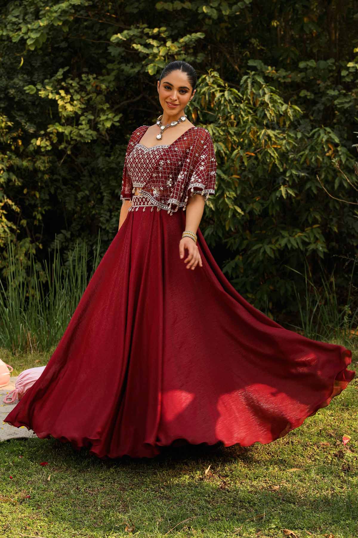 Wine Cape Sleeves Lehenga Set