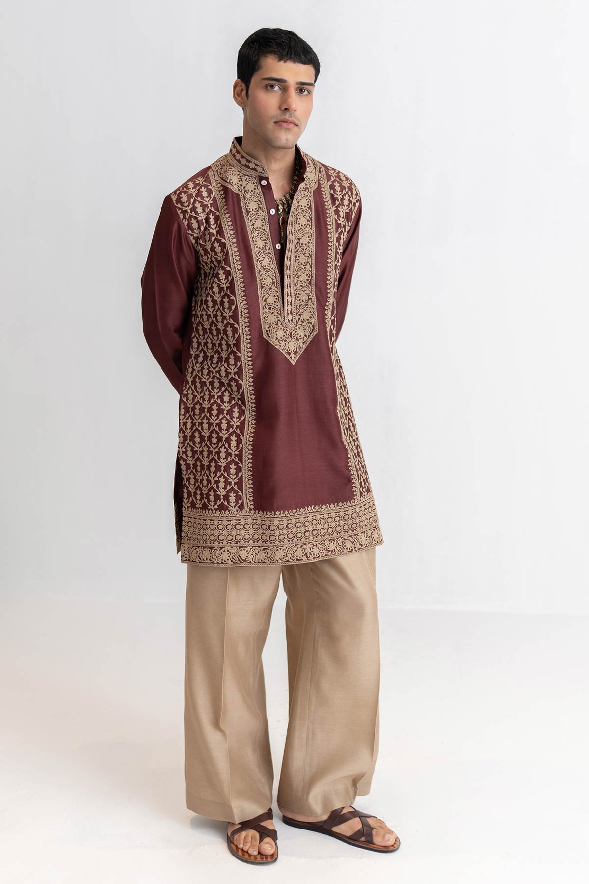 Buy Wine Chanderi Short Kurta Pants for men by Ajiesh Oberoi online available at scrollnshops