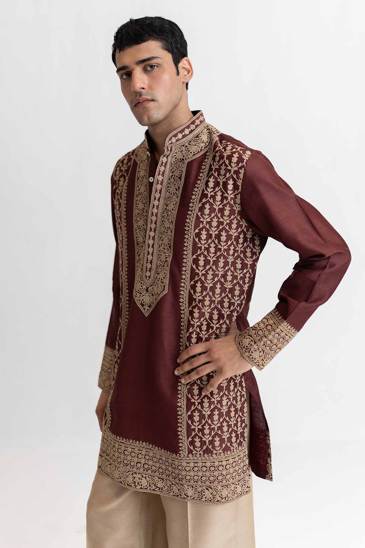 Wine Chanderi Short Kurta Pants