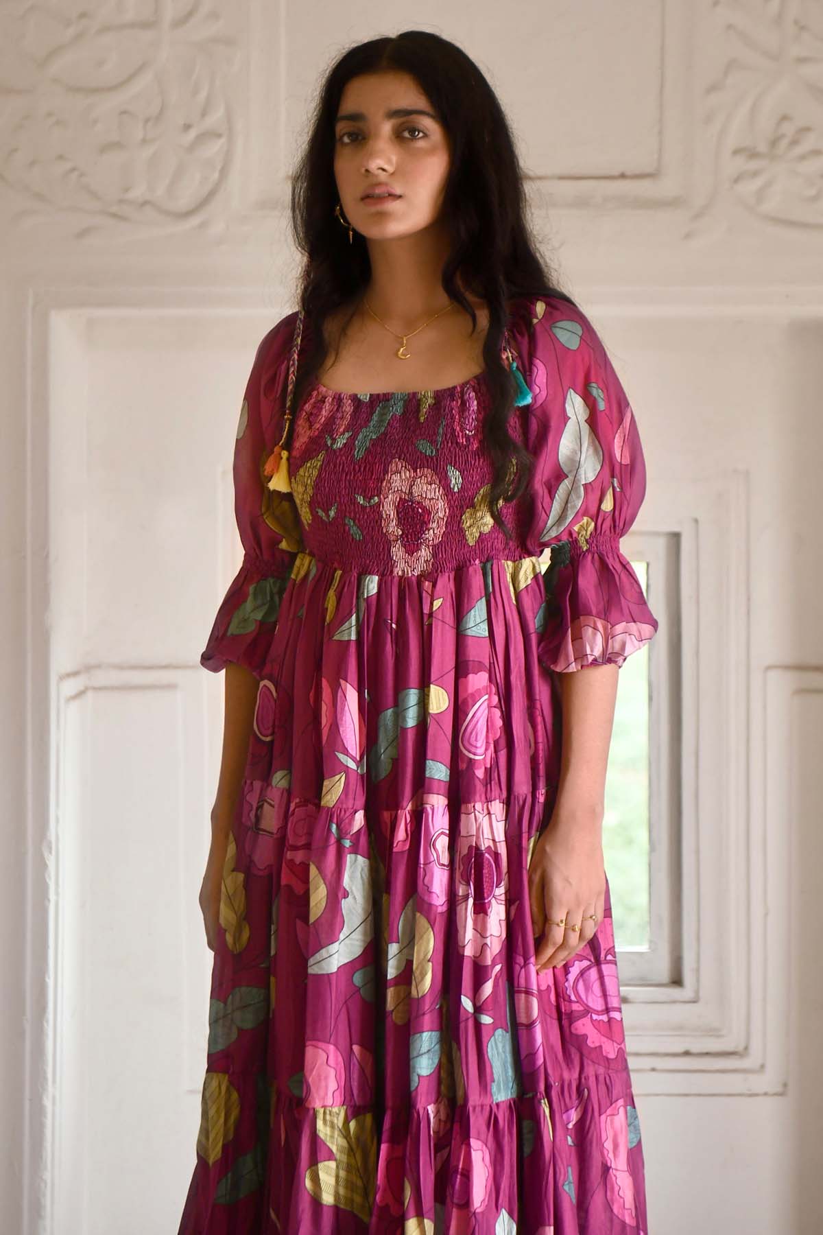 Wine Chanderi Silk Midi Dress