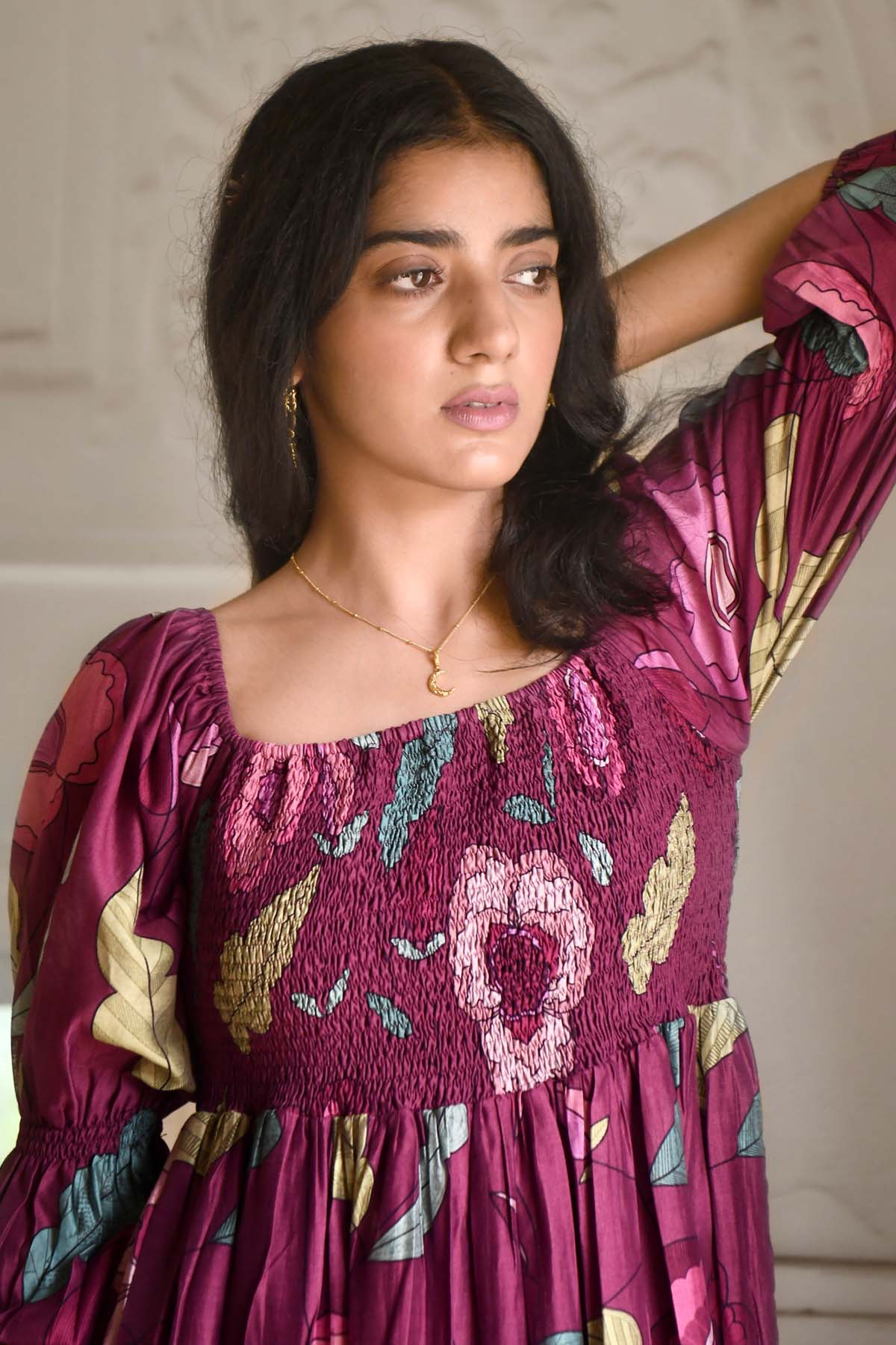 Wine Chanderi Silk Midi Dress