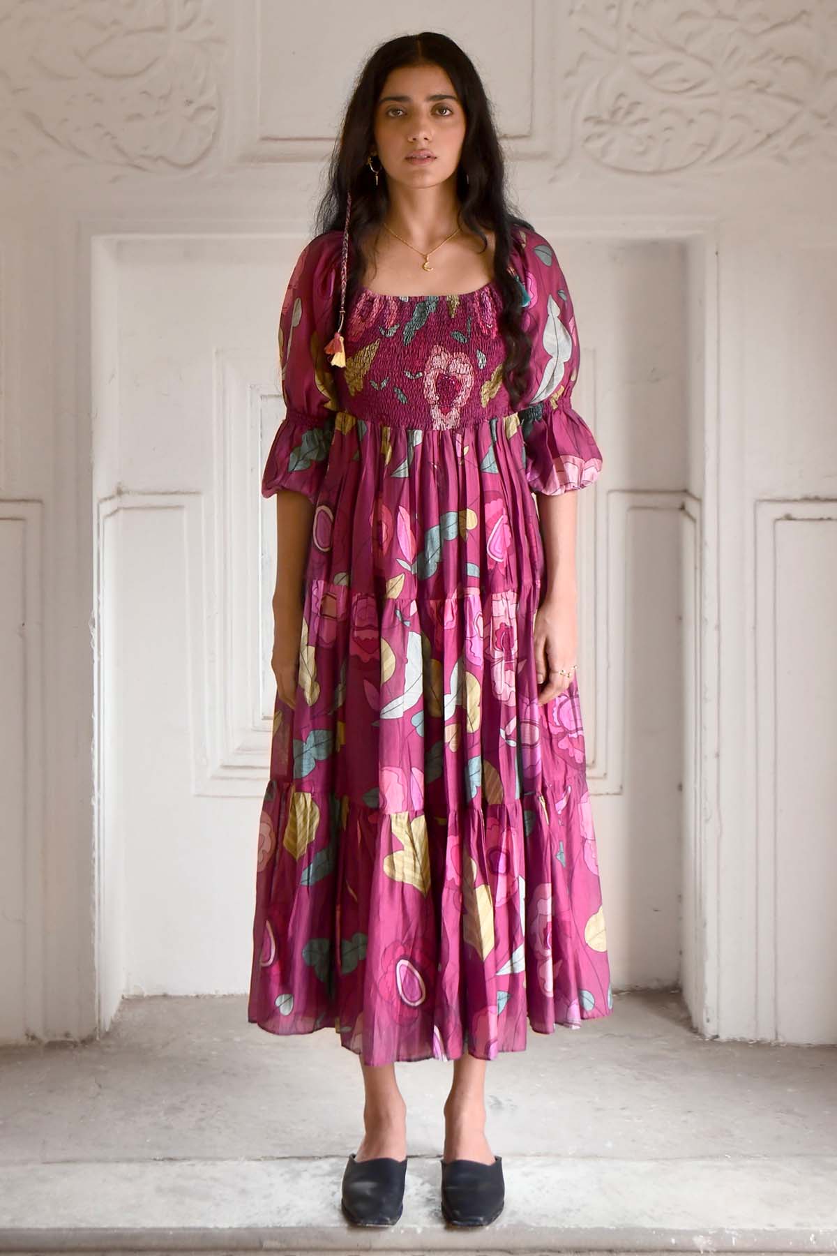 Taro India Wine Chanderi Silk Midi Dress for women online at ScrollnShops