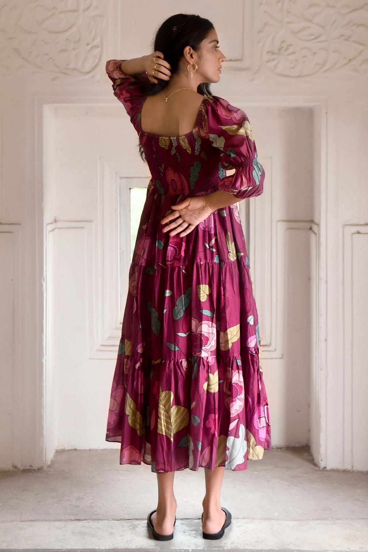 Wine Chanderi Silk Midi Dress