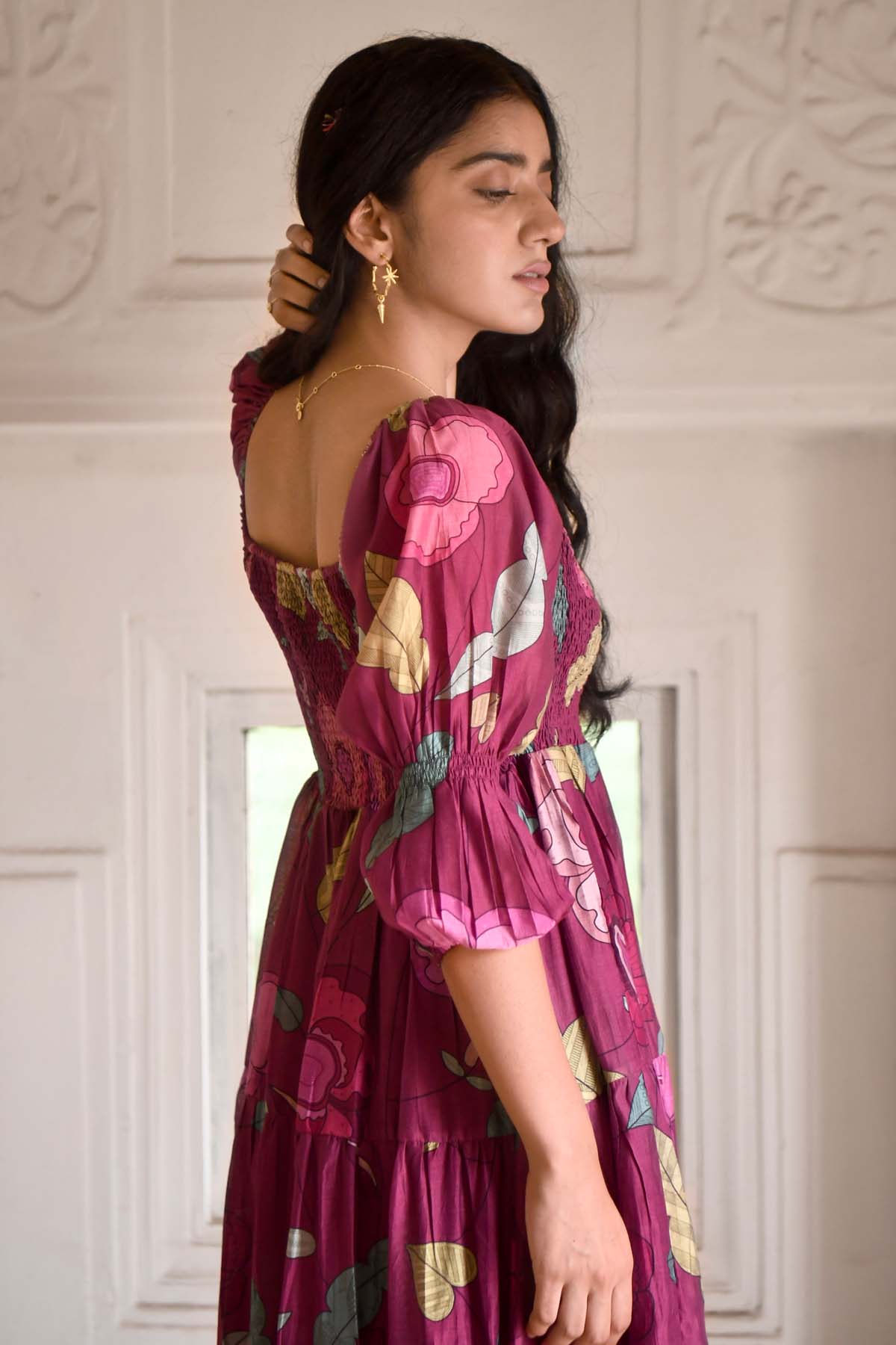 Wine Chanderi Silk Midi Dress