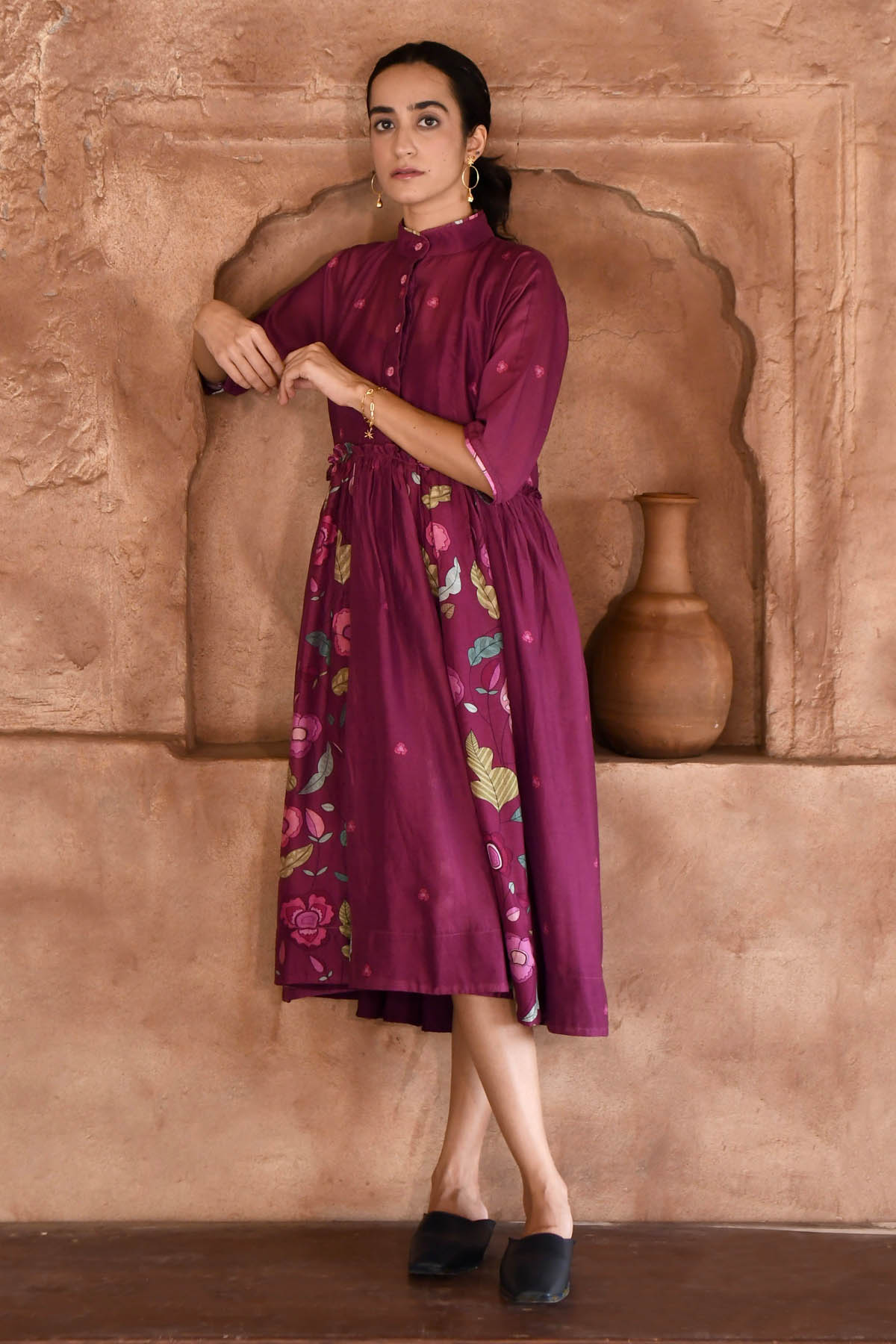 Wine Chanderi Silk Shirt Dress