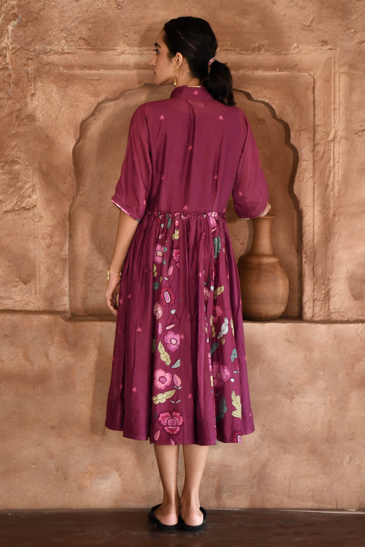 Wine Chanderi Silk Shirt Dress