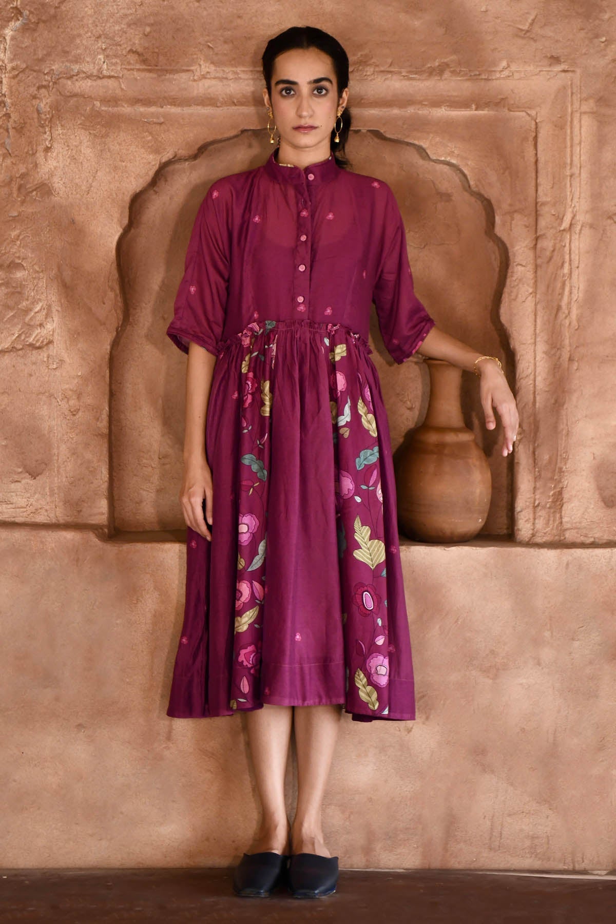 Taro India Wine Chanderi Silk Shirt Dress for women online at ScrollnShops