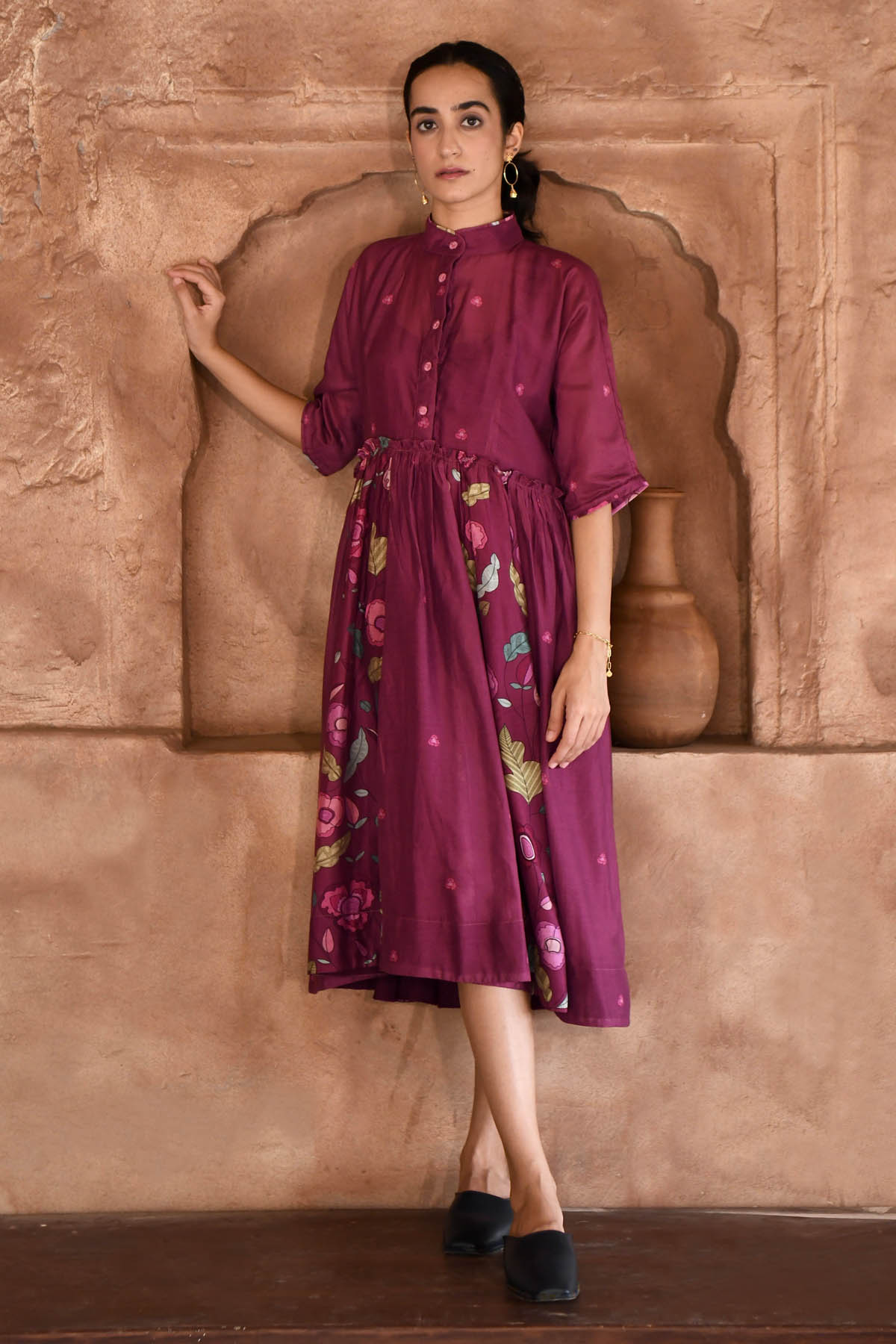 Wine Chanderi Silk Shirt Dress