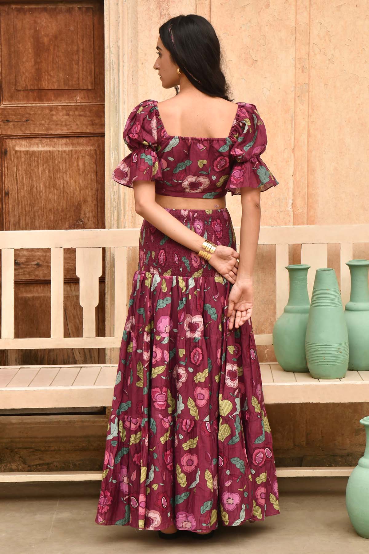 Wine Chanderi Silk Tiered Skirt