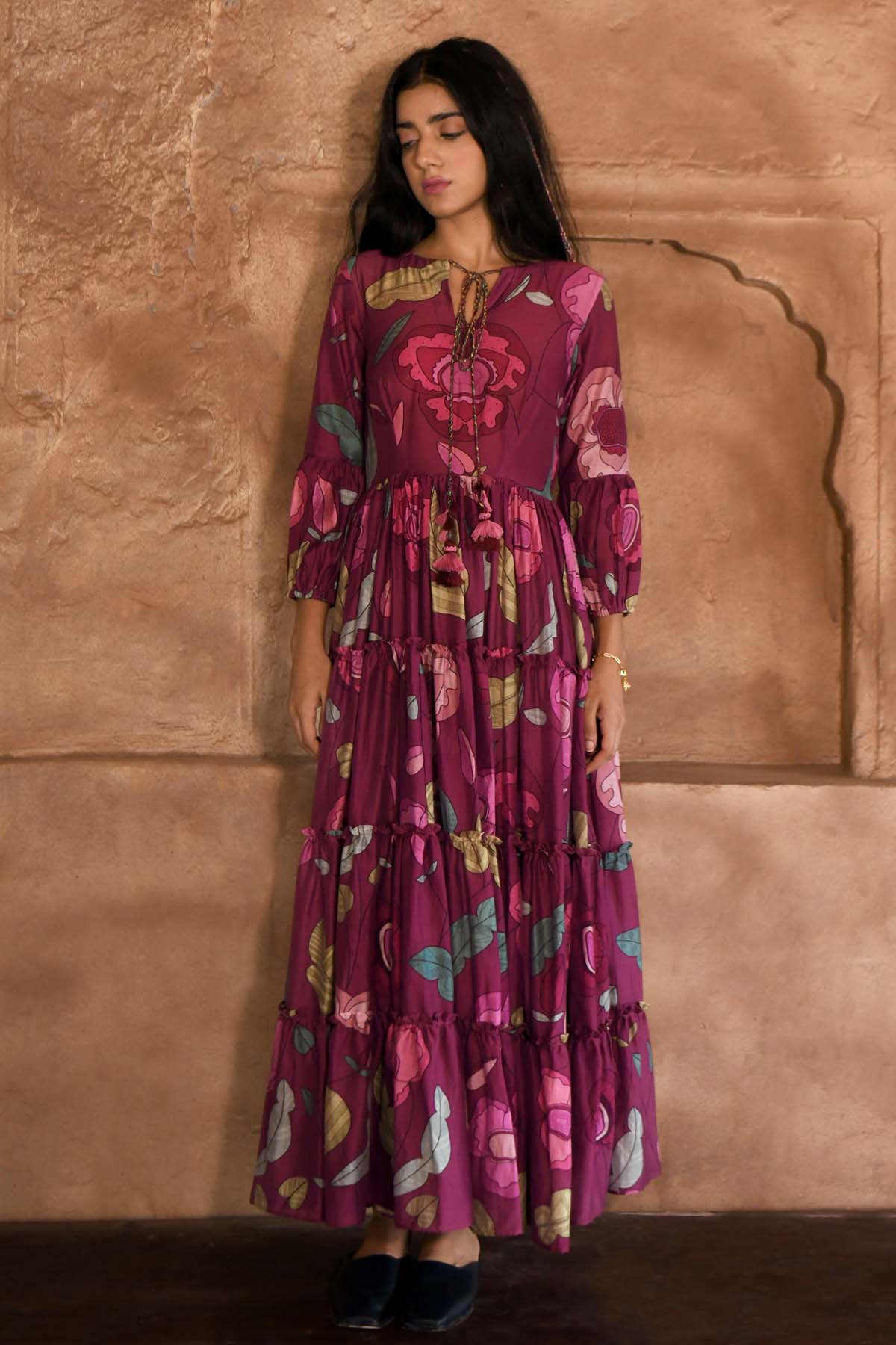 Wine Chanderi Silk V-Neck Dress
