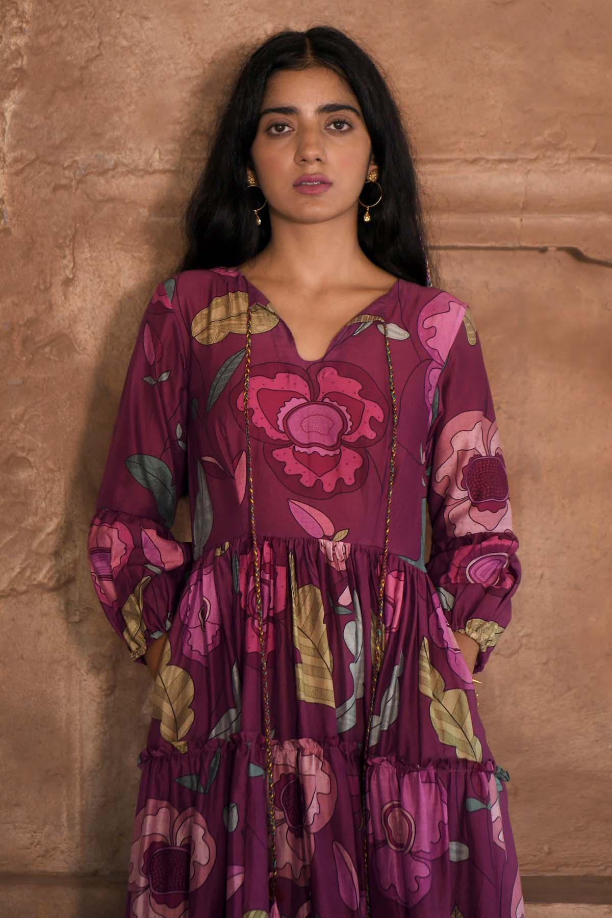 Wine Chanderi Silk V-Neck Dress