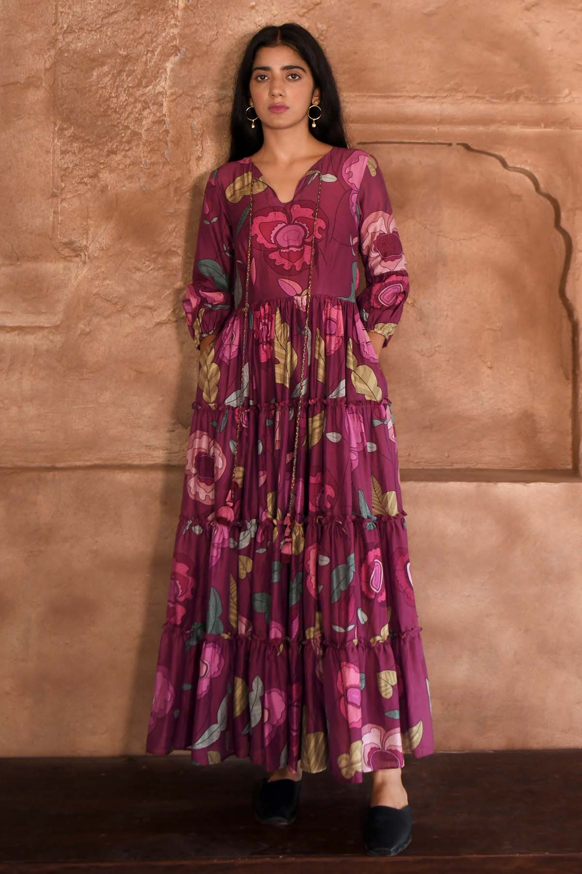 Taro India Wine Chanderi Silk V-Neck Dress for women online at ScrollnShops