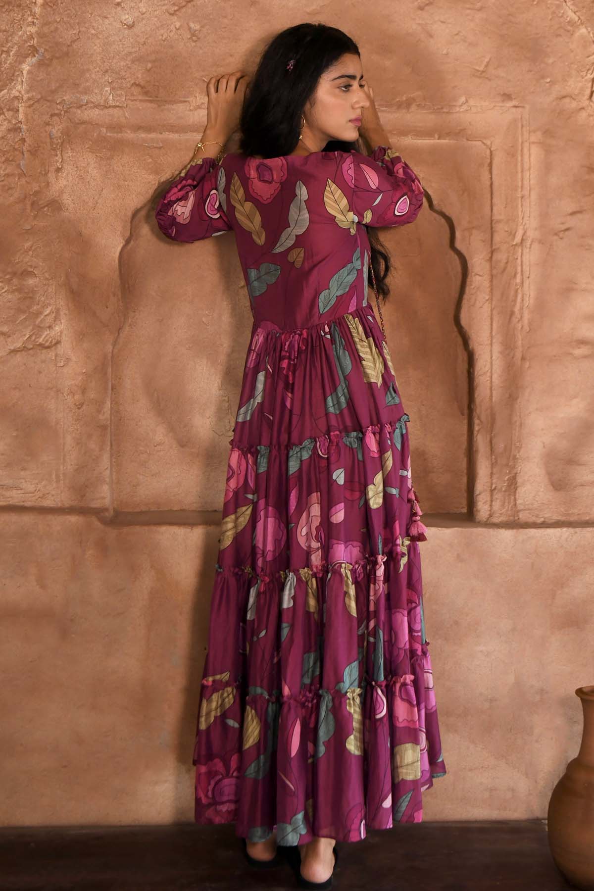 Wine Chanderi Silk V-Neck Dress
