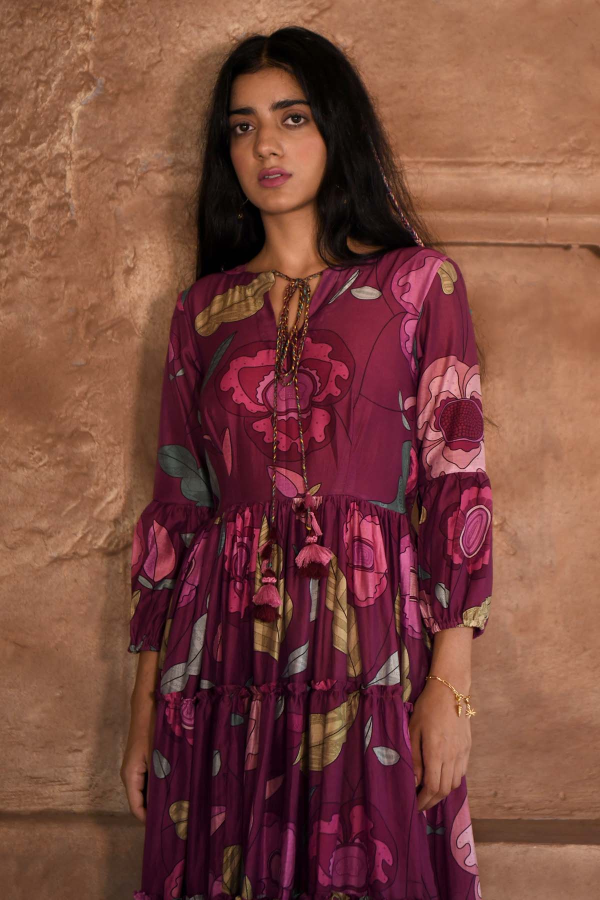 Wine Chanderi Silk V-Neck Dress