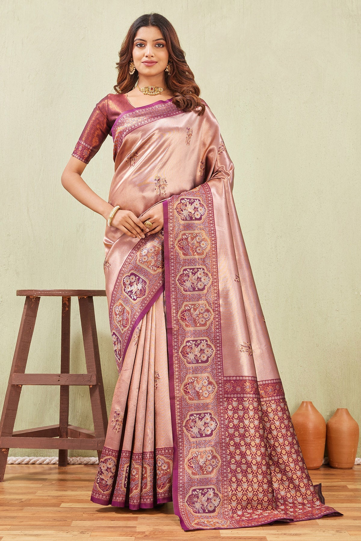 Buy Wine Chiku Floral Border Saree for women by Aastha Fashion online available at scrollnshops