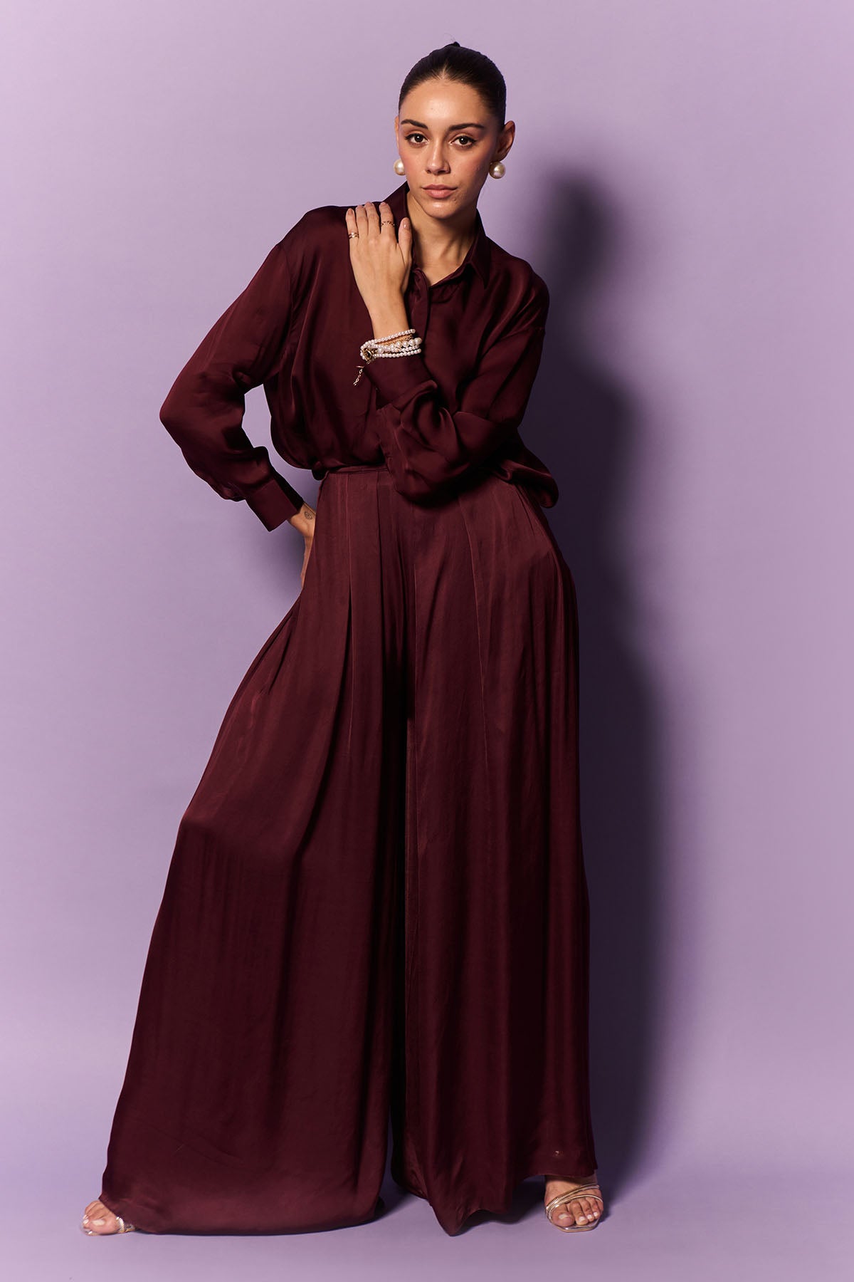 Wine Collar Shirt & Palazzo