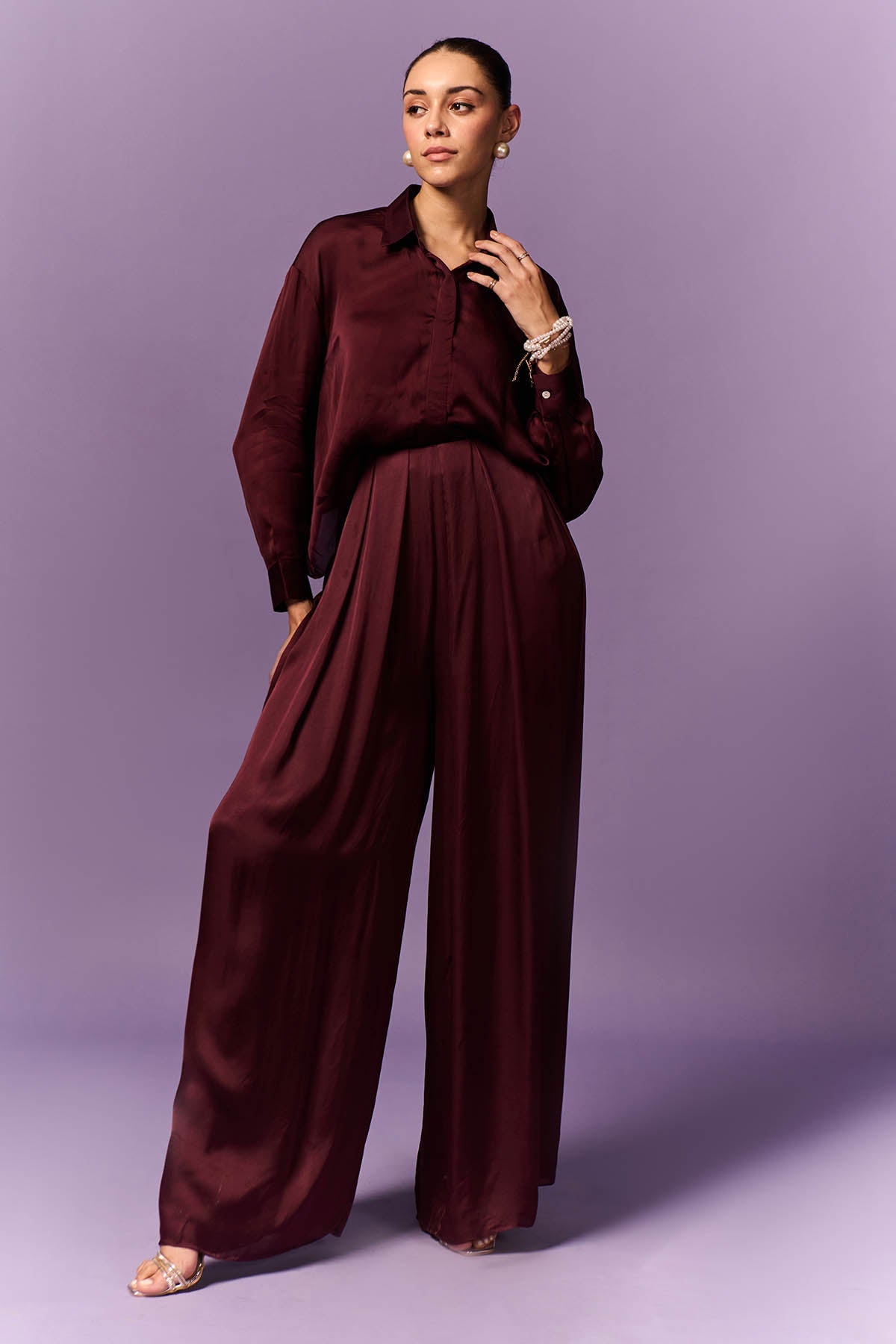 Buy Wine Collar Shirt & Palazzo by Emblaze for women online at ScrollnShops