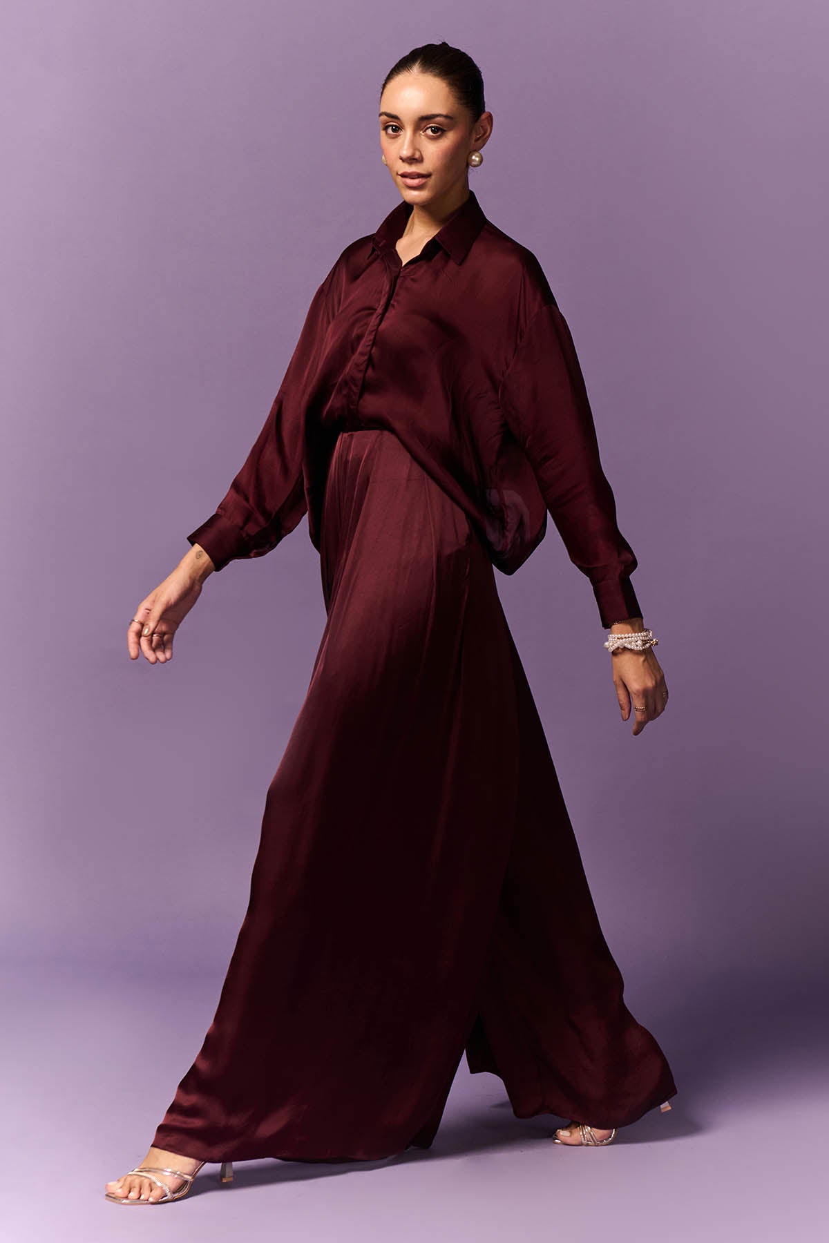 Wine Collar Shirt & Palazzo