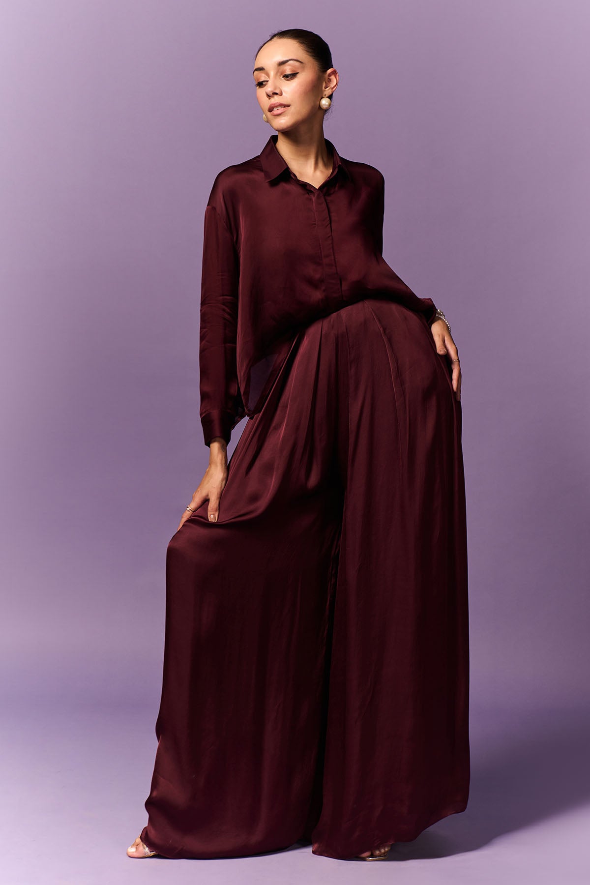 Wine Collar Shirt & Palazzo