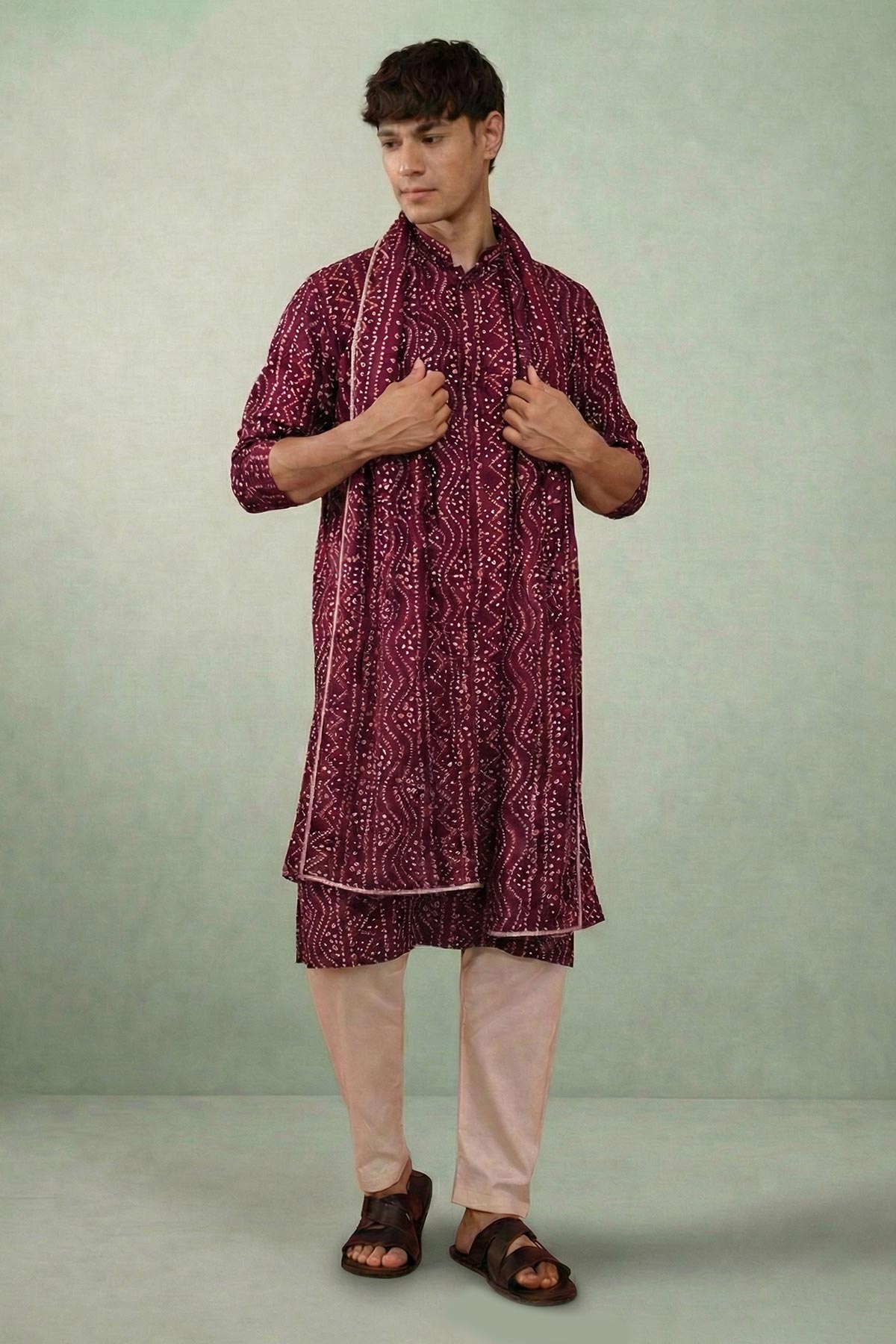 Buy Wine Cotton Bandhani Kurta Set for women by Priyanka Jain online available at scrollnshops