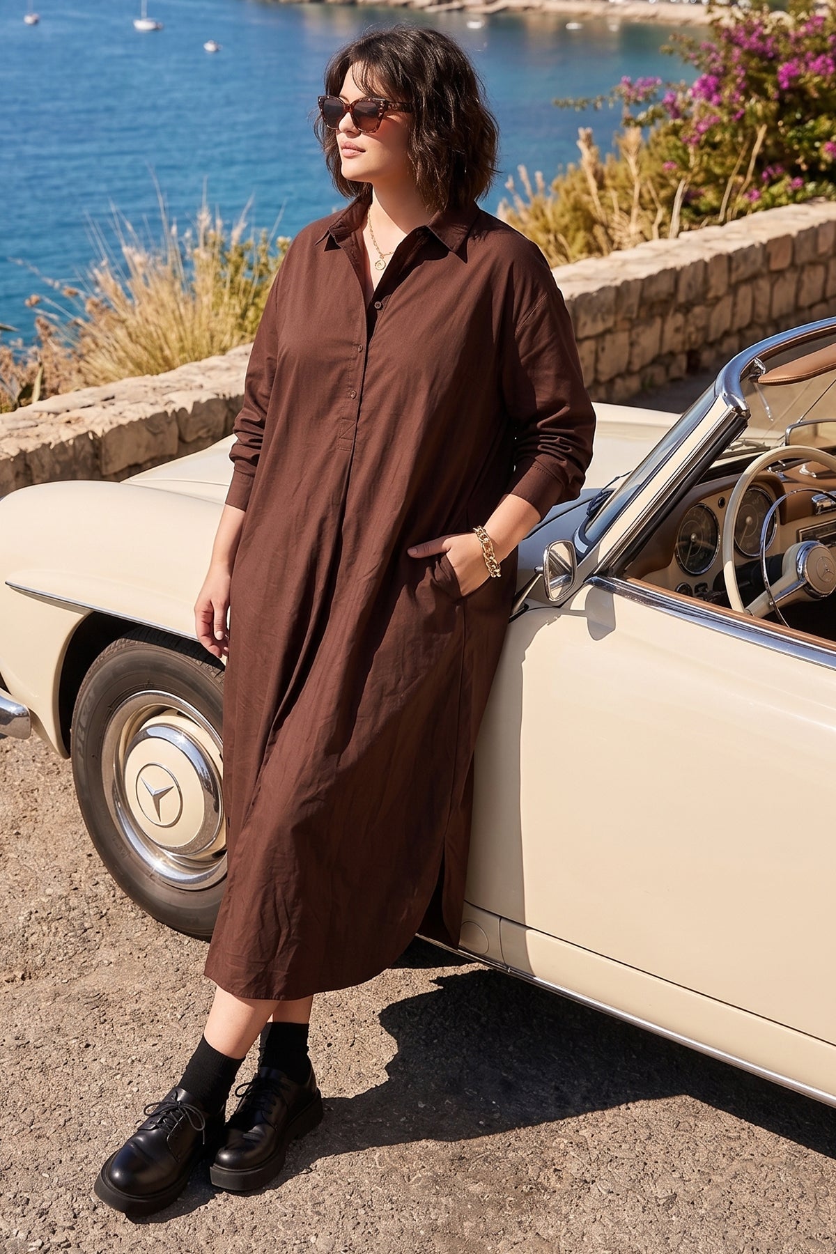Wine Cotton Cambric Midi Dress