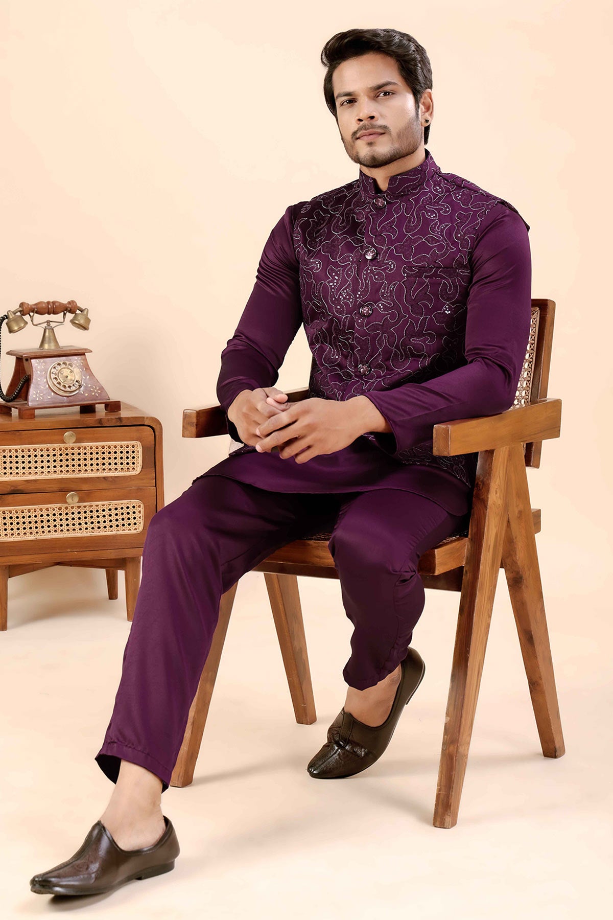 Wine Cotton Embroidered Bundi