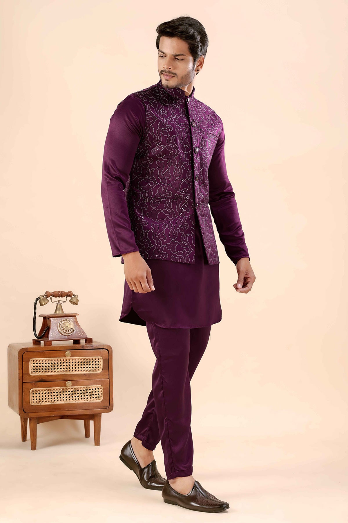 Wine Cotton Embroidered Bundi