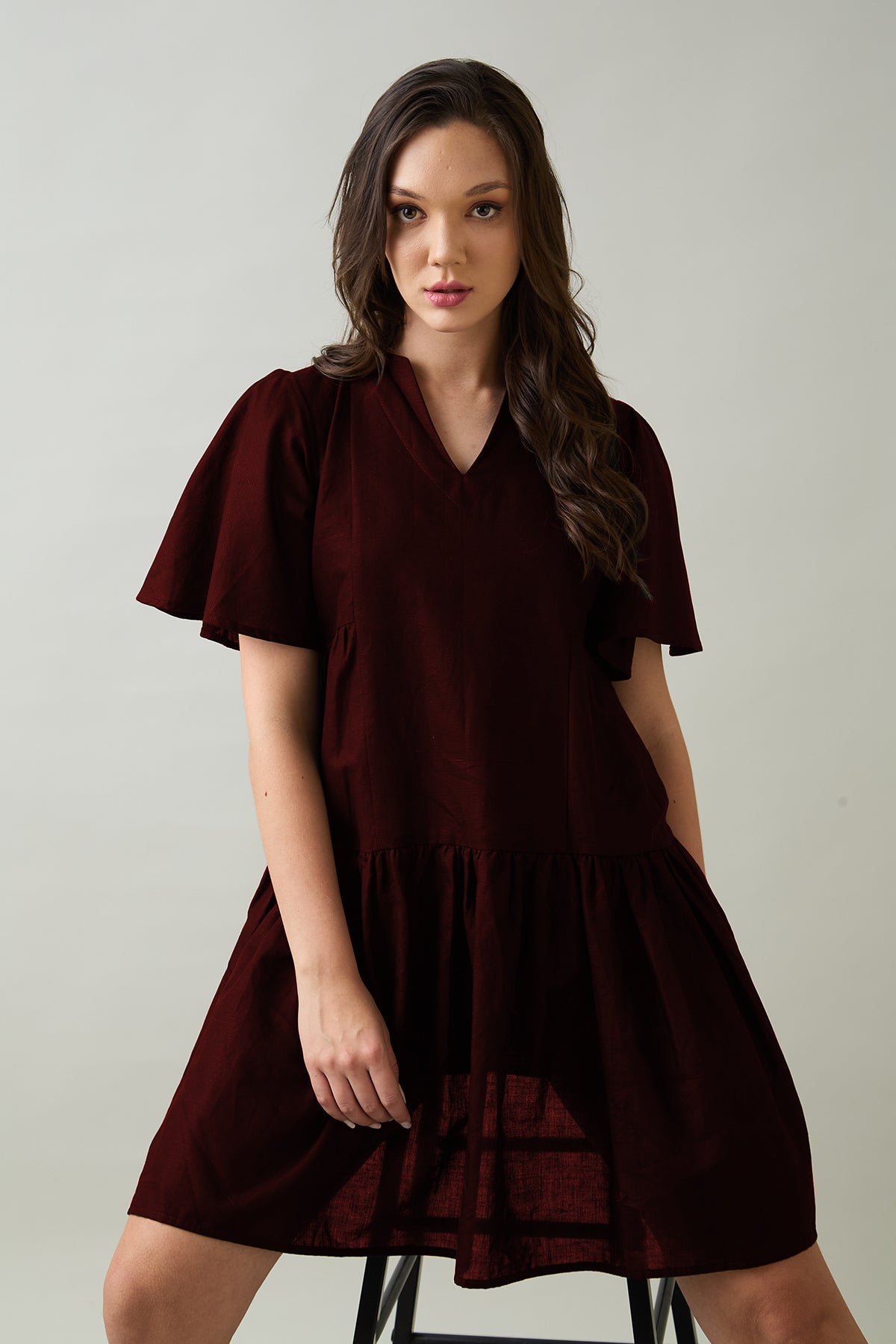 Buy Wine Cotton Linen Flare Dress for Women by SNEHA B Designer online available at scrollnshops