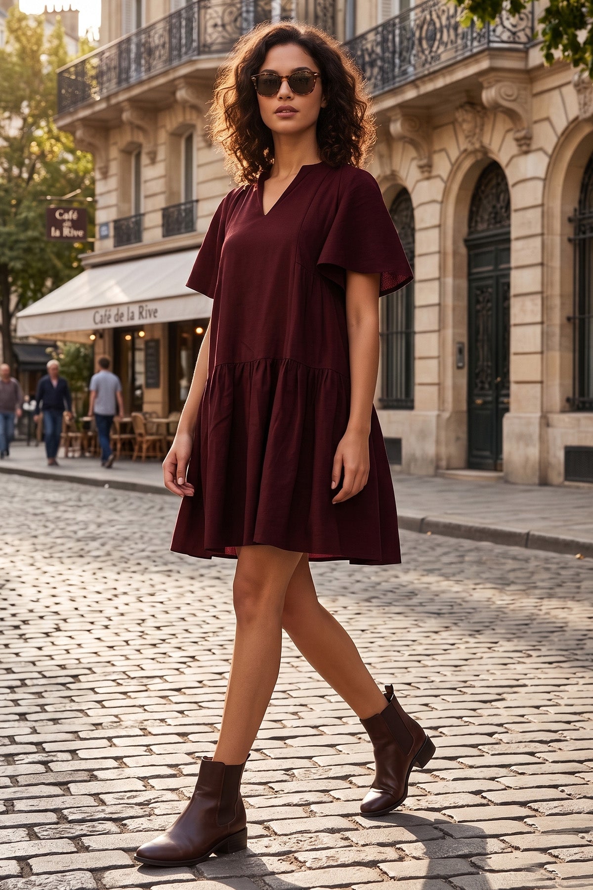 Cotton Linen Wine Flare Dress