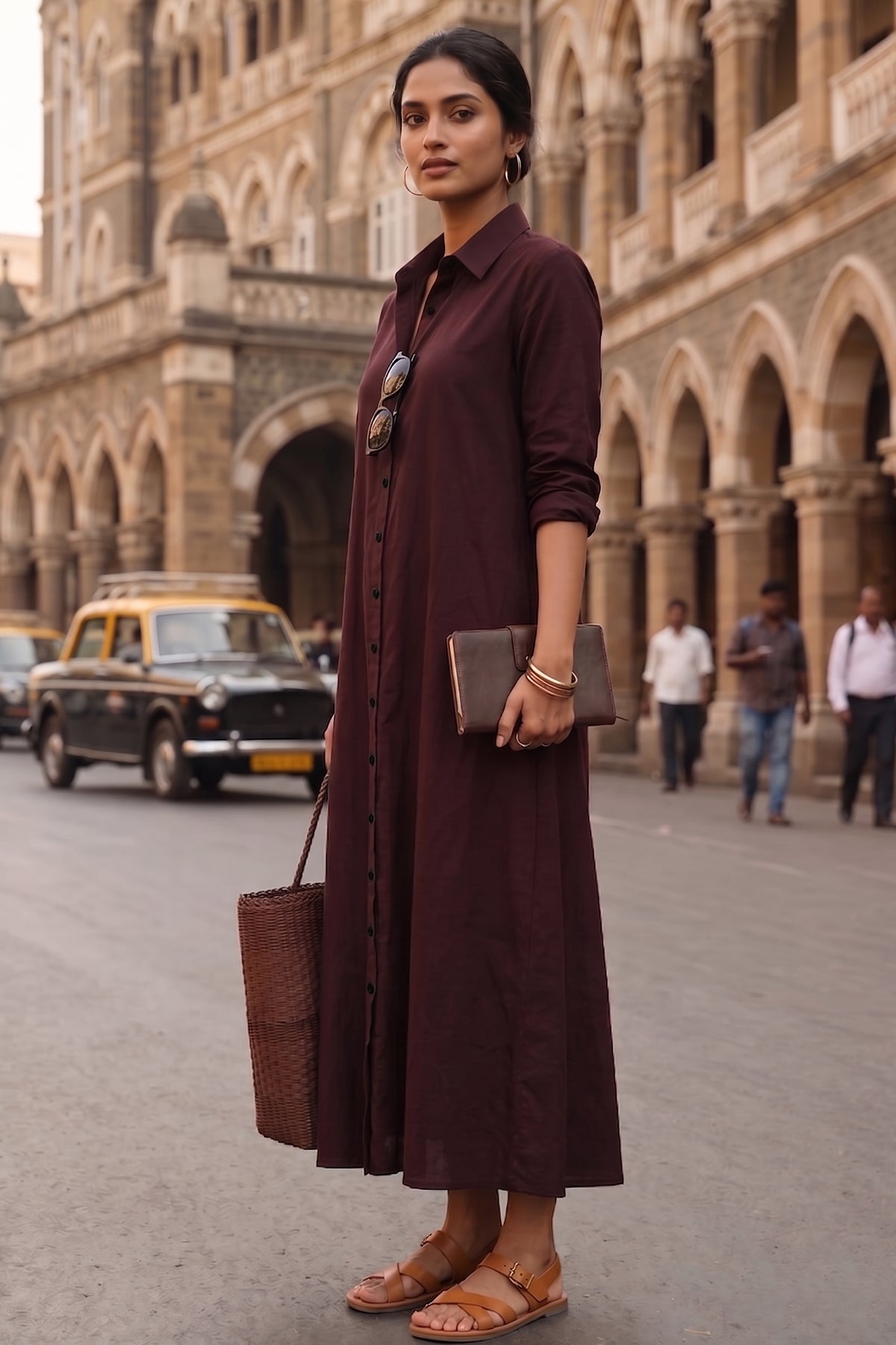 Wine Cotton Maxi Shirt Dress