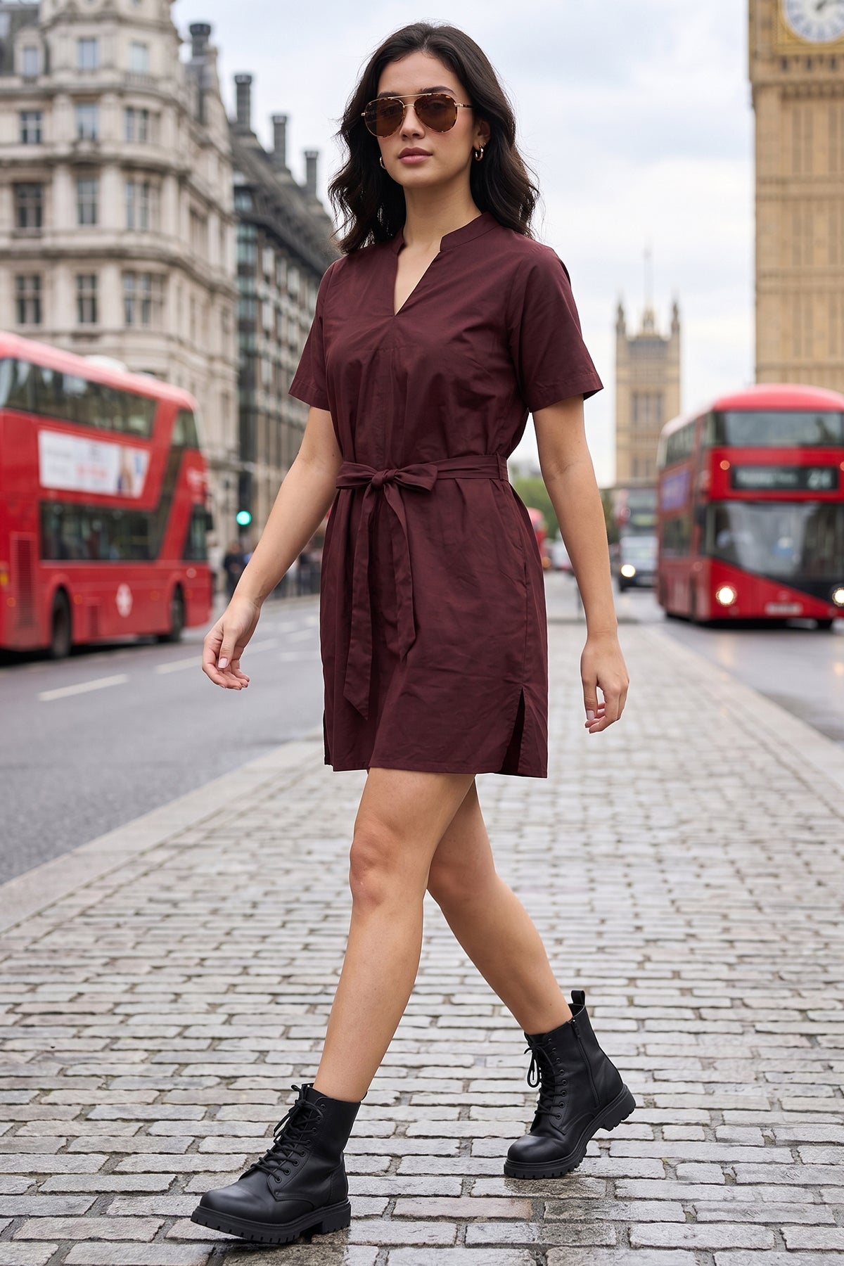 Wine Cotton Mini Dress & Belt