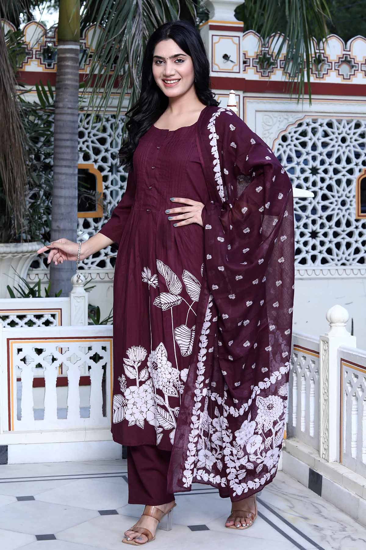 Wine Cotton Pintuck Kurta Set