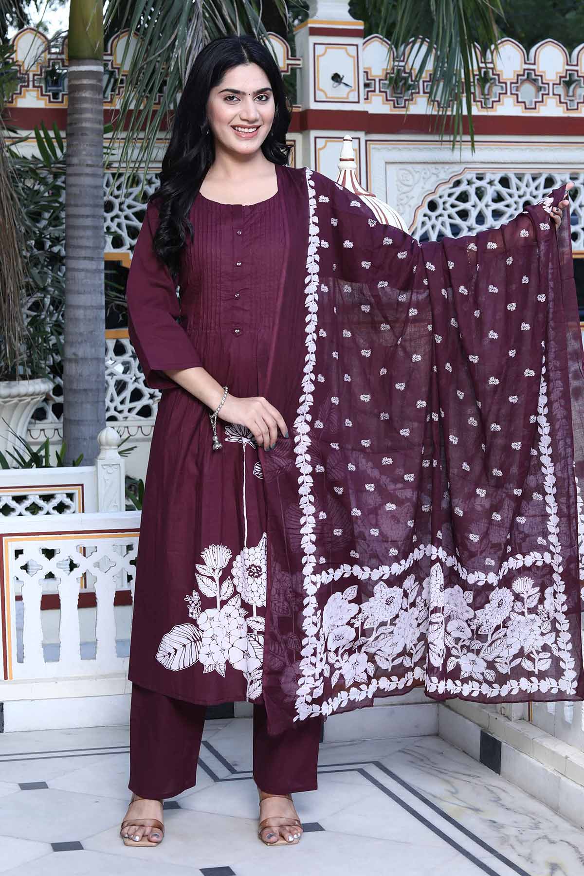 Buy Wine Cotton Pintuck Kurta Set by Miravan for women online at ScrollnShops