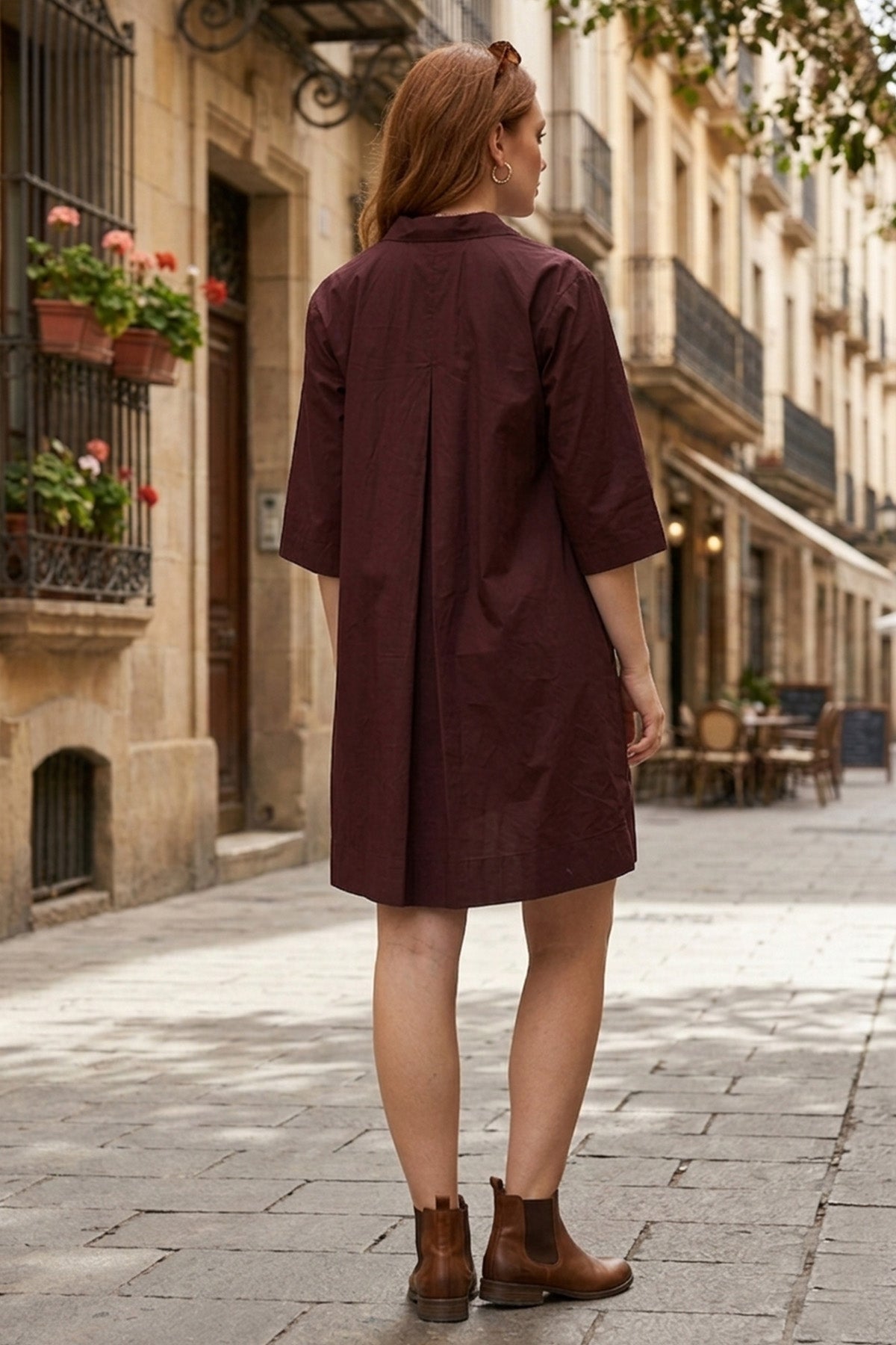 Cotton Poplin Wine Flare Dress