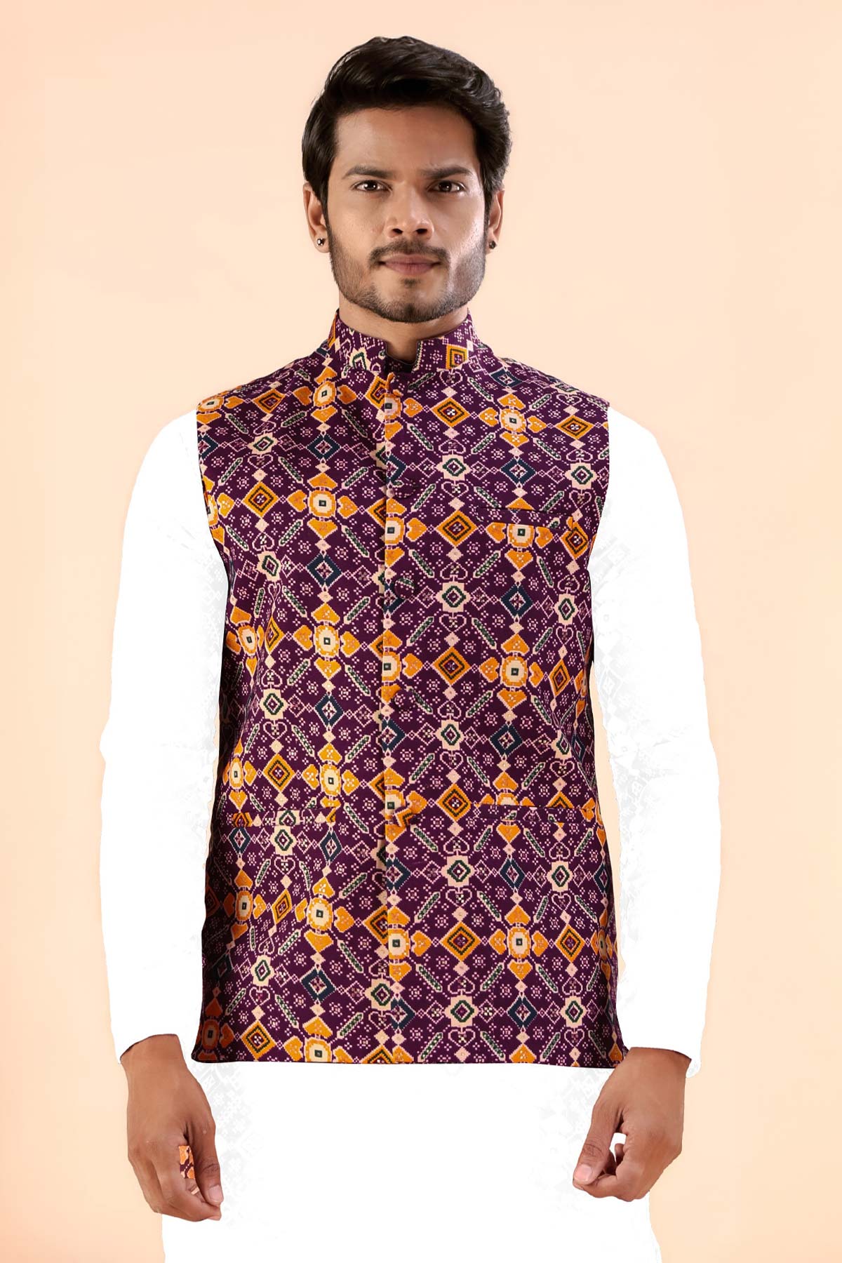 Buy Wine Cotton Print Bundi Jacket for women by Priyanka Jain online available at scrollnshops