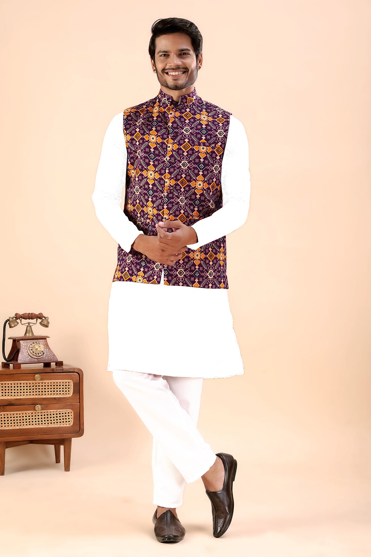 Wine Cotton Print Bundi Jacket