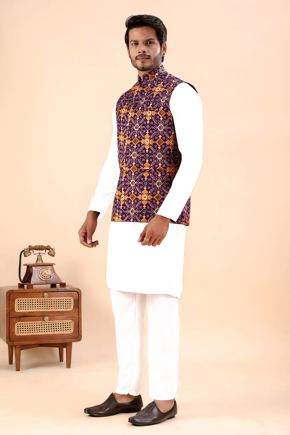Wine Cotton Print Bundi Jacket