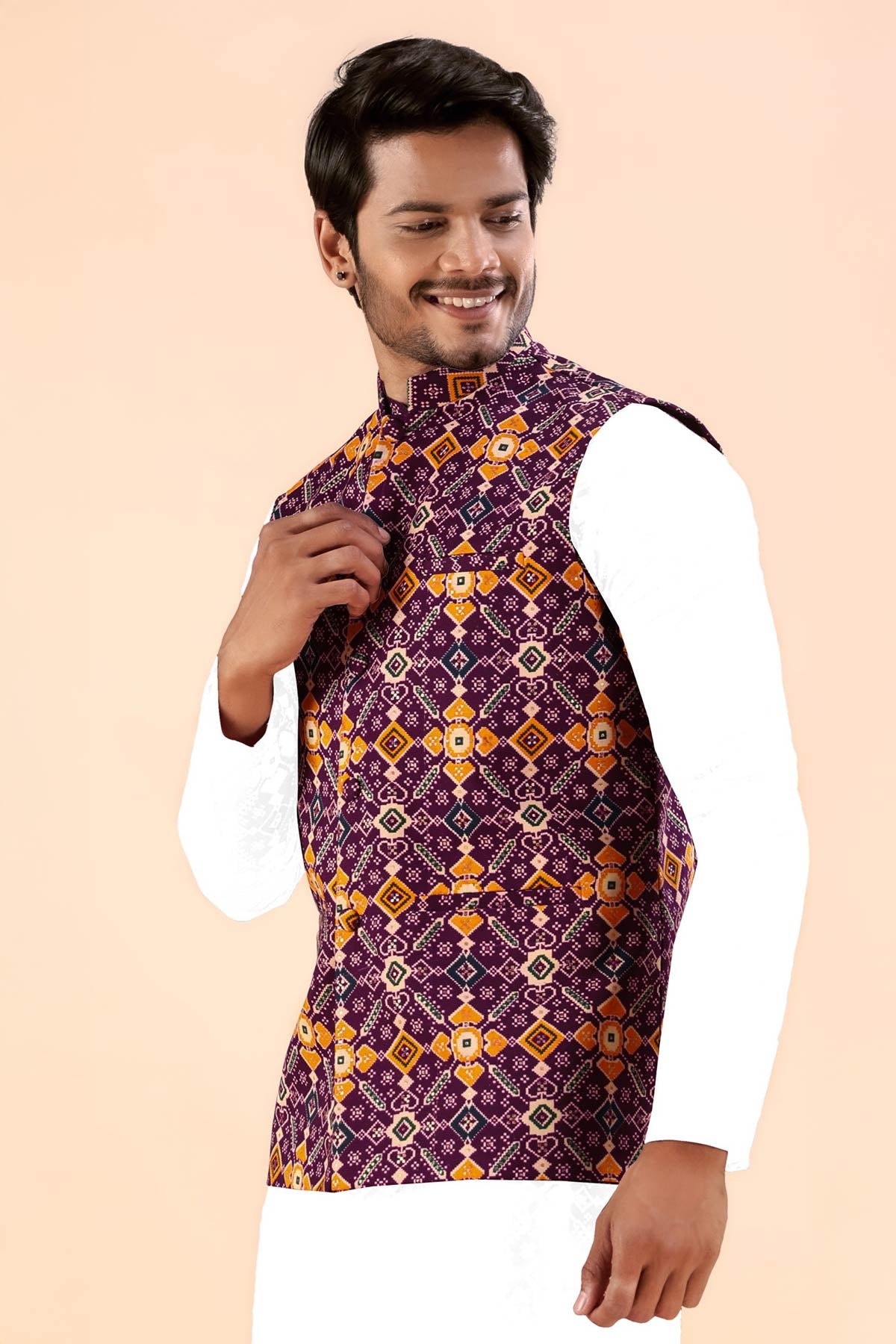 Wine Cotton Print Bundi Jacket