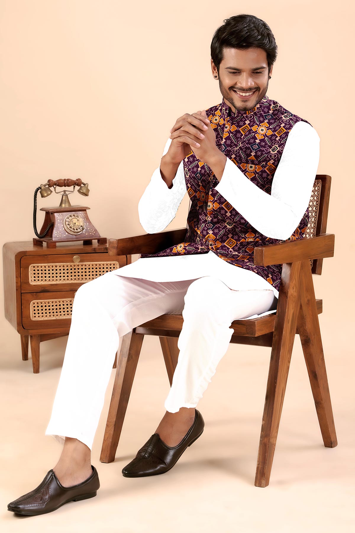 Wine Cotton Print Bundi Jacket