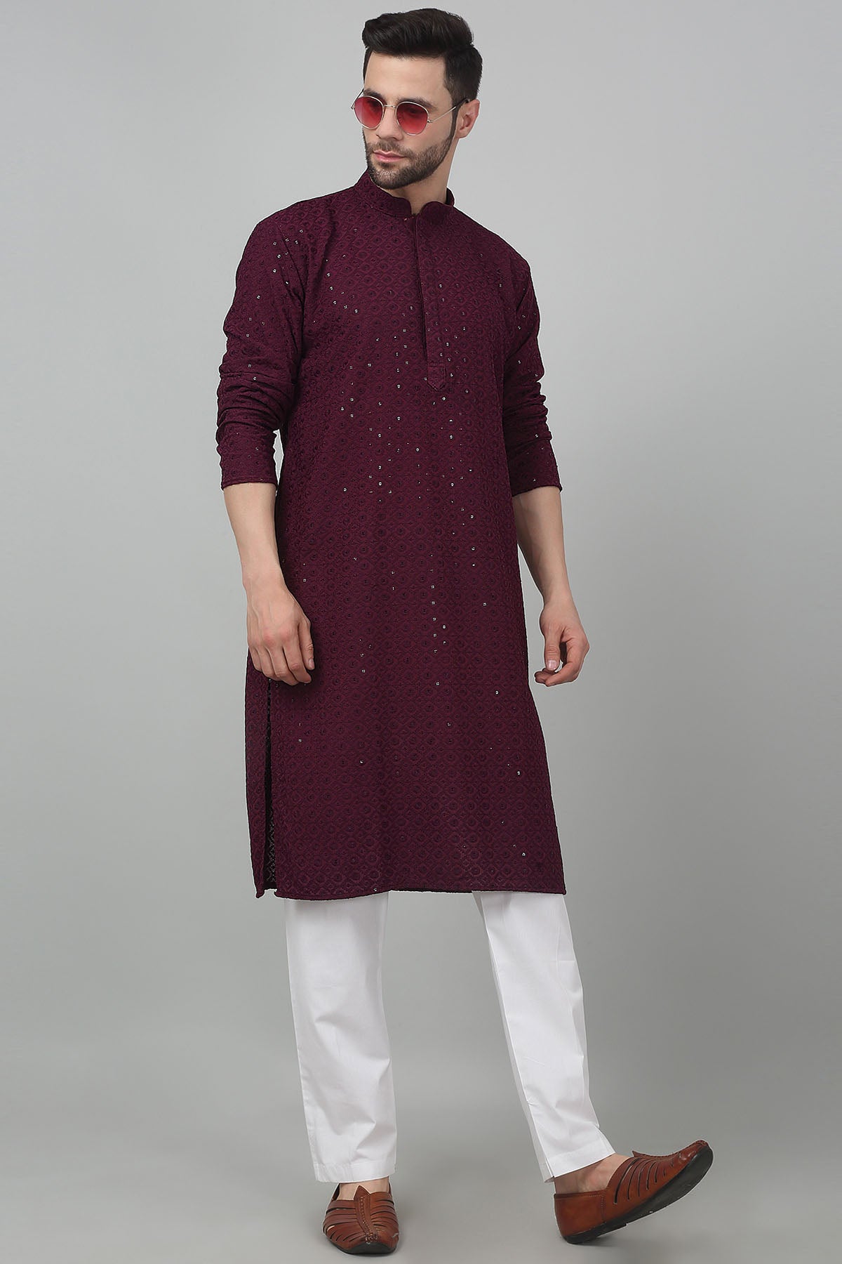 Wine Cotton Sequins Kurta Set