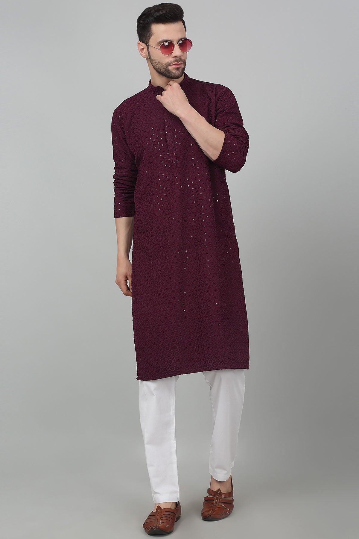 Wine Cotton Sequins Kurta Set