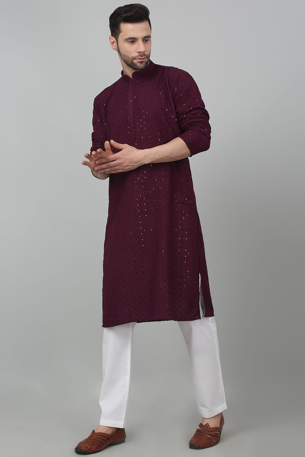 Wine Cotton Sequins Kurta Set