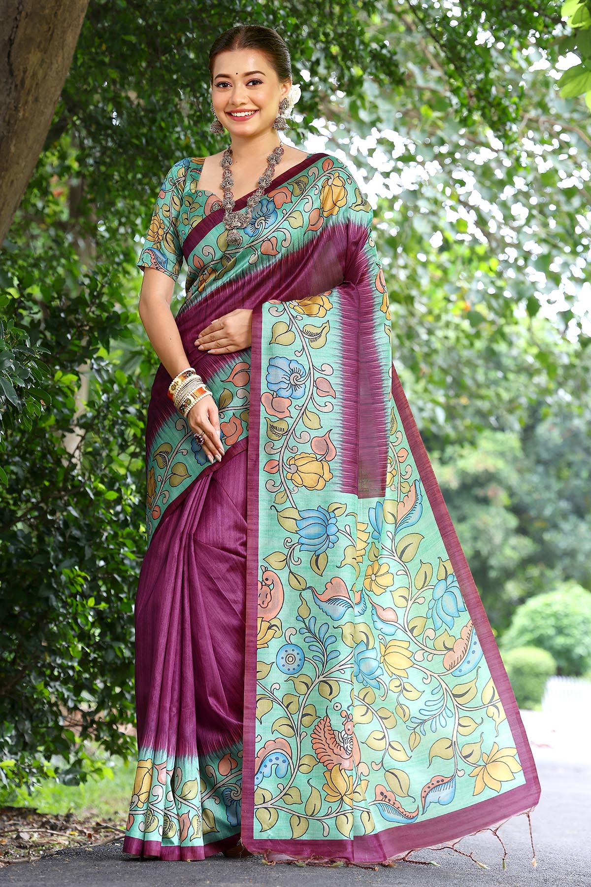 Wine Cotton Silk Printed Saree