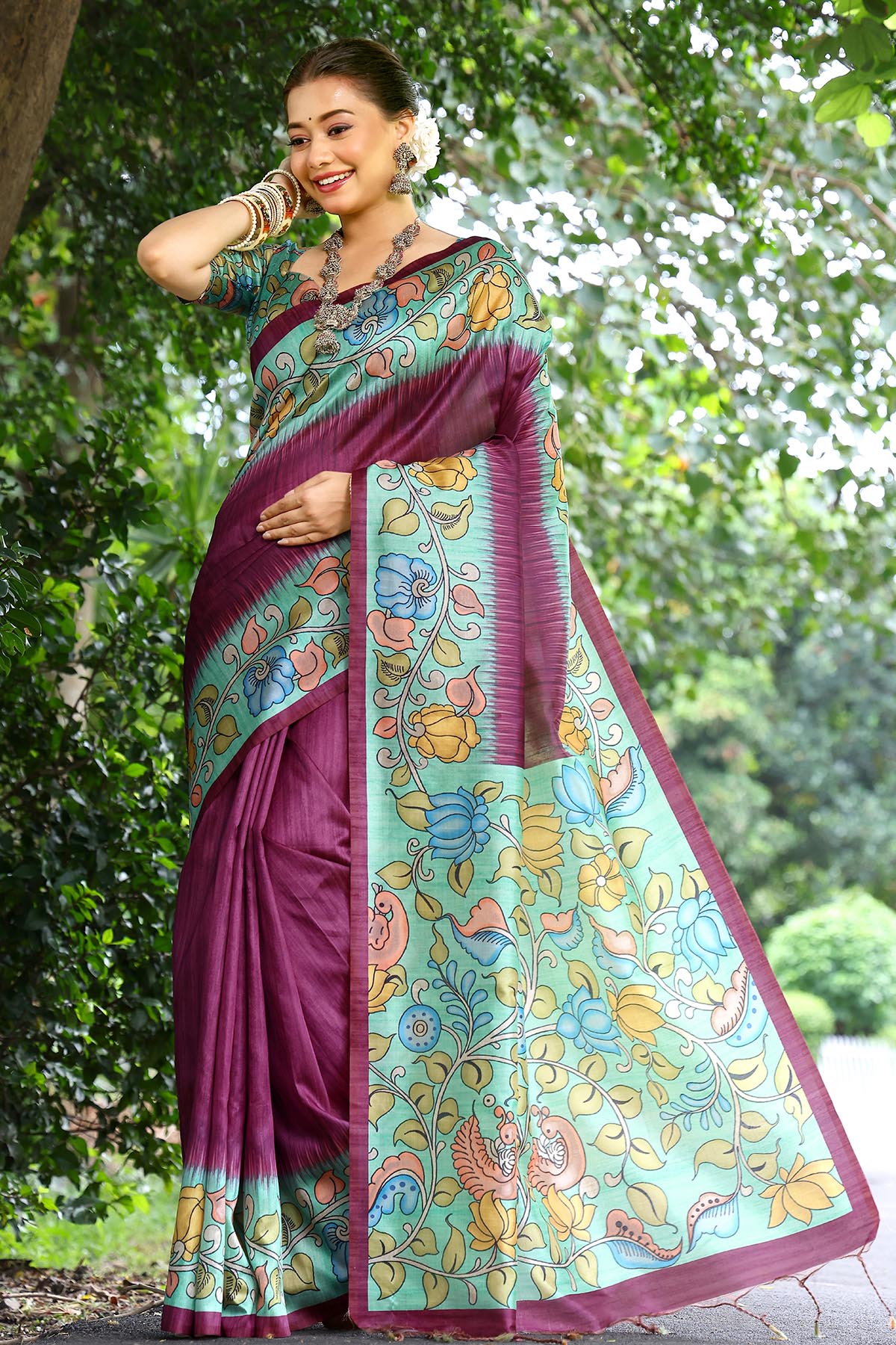 Buy Wine Cotton Silk Printed Saree by Lili Lala for women online at ScrollnShops