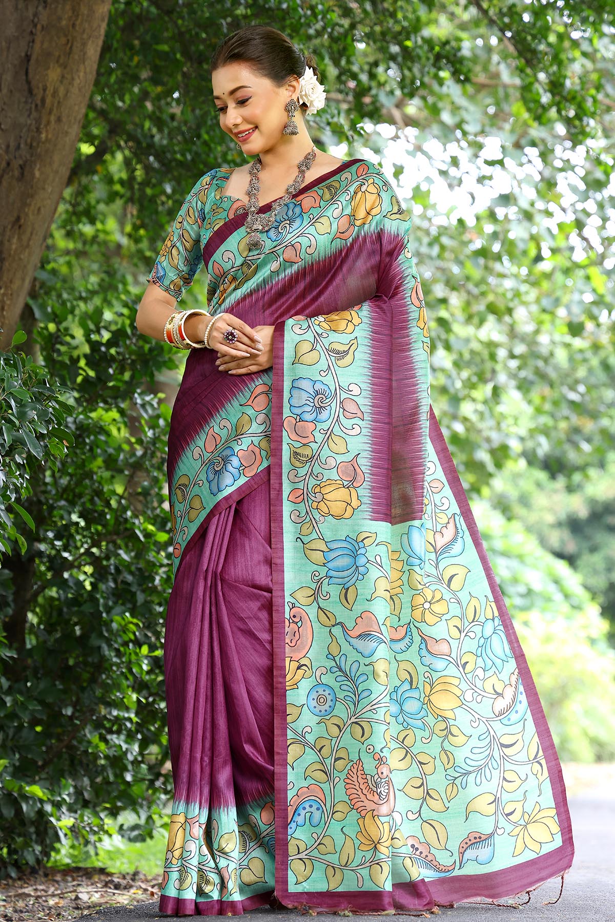 Wine Cotton Silk Printed Saree